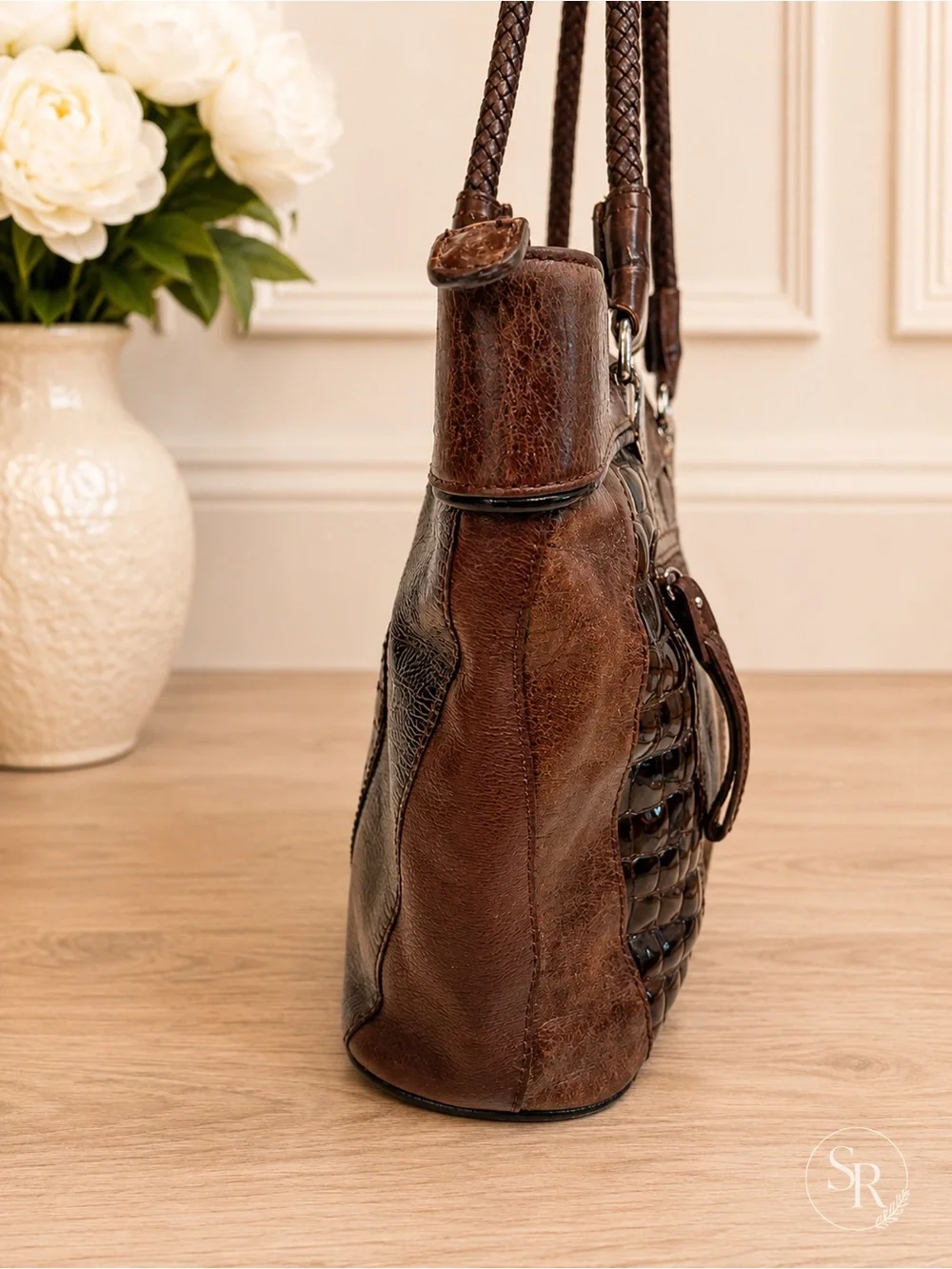 Brighton Lydia Patchwork Leather Shoulder Bag Brown Croc Patent Braided